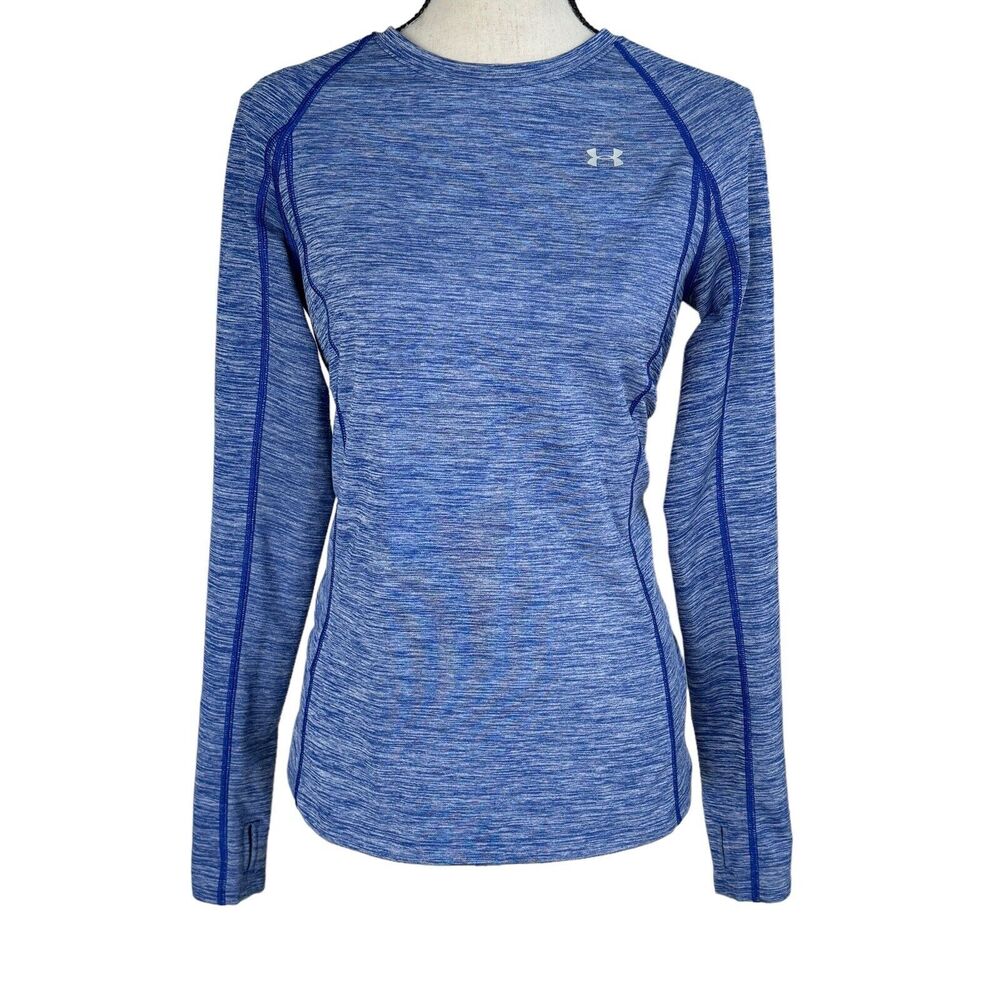 Under Armour Small Fitted Cozy Crew Top Cold Gear Thumbholes Stretch Blue Womens